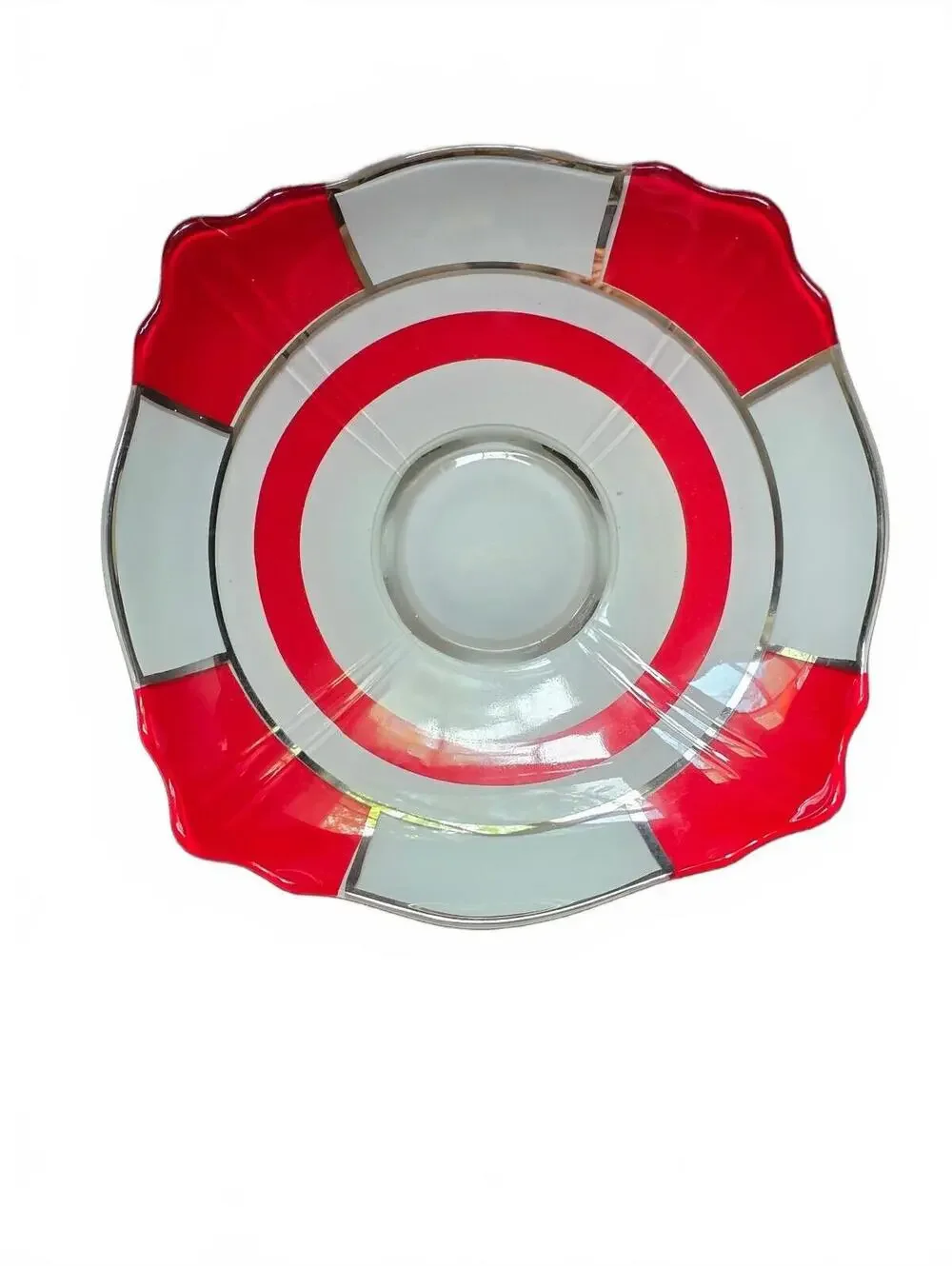 1930s Art Deco Indiana Moderne Classic Red & White Enamel, Platinum Ftd Bowl